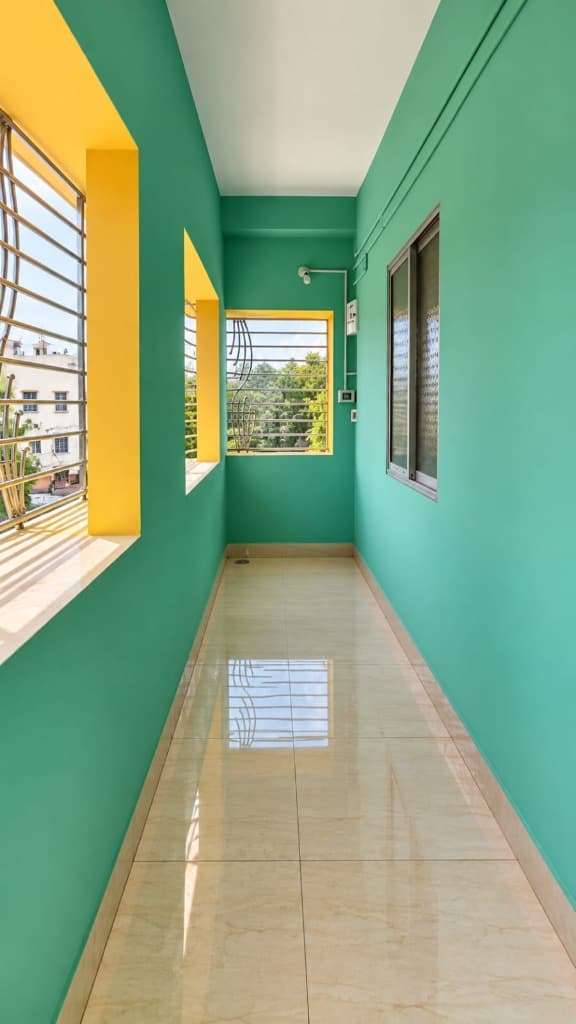 Sunlit balcony corridor overlooking greenery